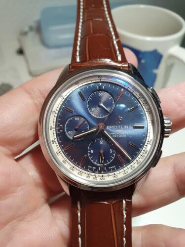 Premier Chronograph 42 OXF 1:1 Best Edition Blue Dial on Brown Leather Strap A7750 photo review