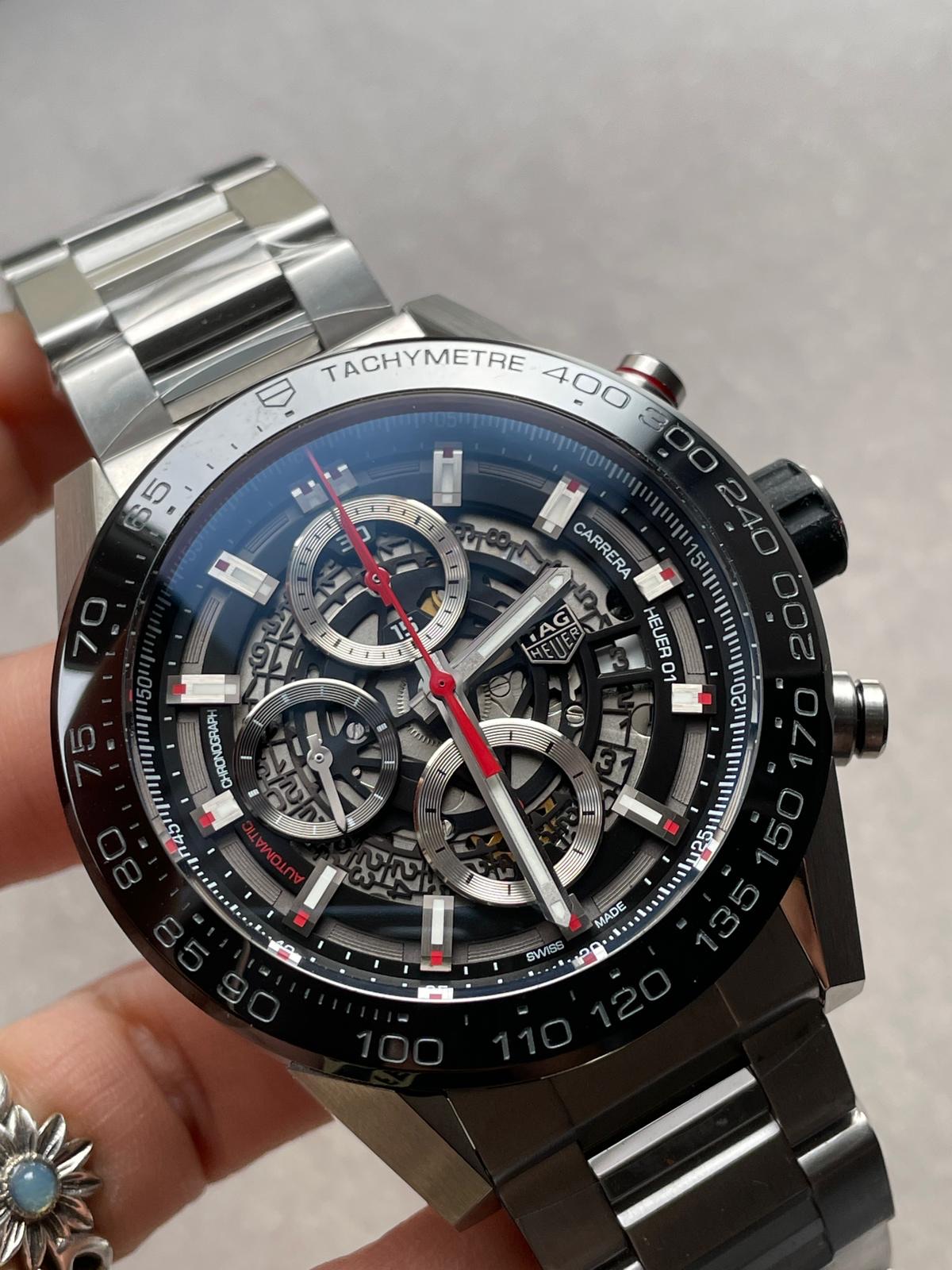 Calibre Heuer 01 Chrono SS PVD XF 1 1 Best Edition Skeleton Dial Red Hand on SS Bracelet A1887