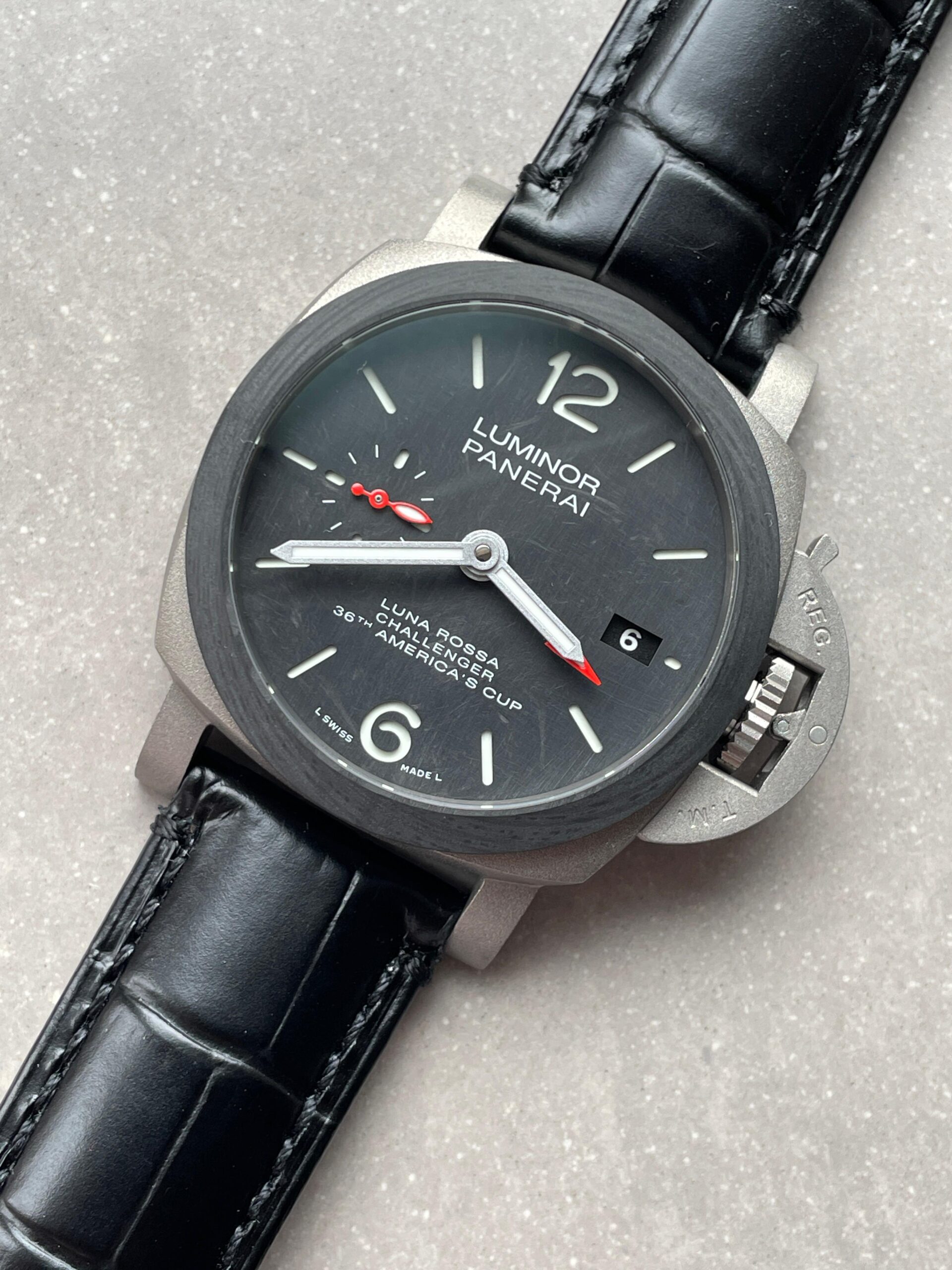 Luminor GMT Luna Rossa PAM01096 TI Black Dial Stick on Leather