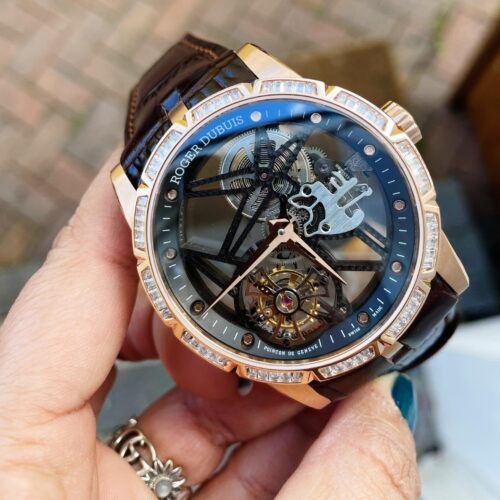 EXCALIBUR RDDBEX0393 RG CRYSTALS BEZEL BBR BEST EDITION SKELETON DIAL ON BROWN LEATHER STRAP A2136 TOURBILLON V2