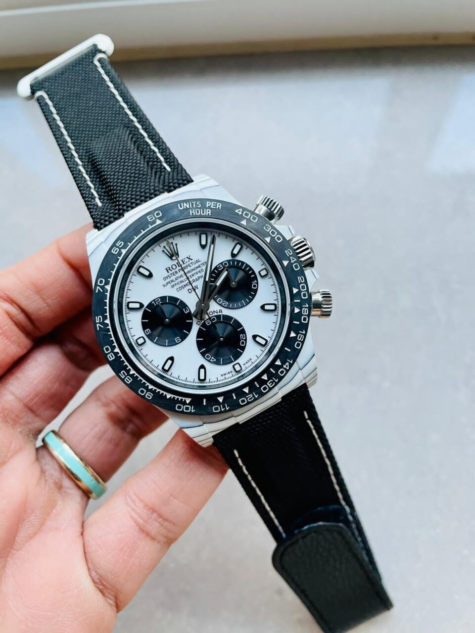 Daytona DIW PANDA White Carbon Case and Bezel Noob Best Edition White/Black Dial on Black Nylon Strap SA4130 V2