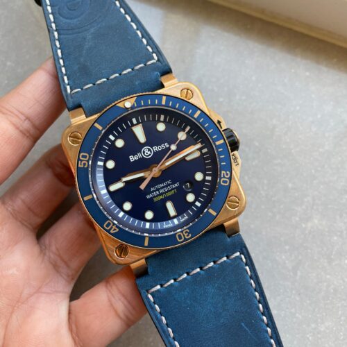 BR03-92 Diver 42mm Bronze BR Blue Dial on Blue Leather Strap A2824