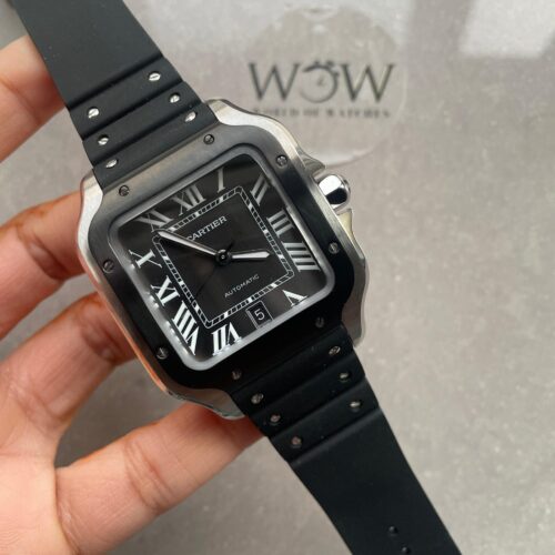 Santos De Cartier Large SS PVD Bezel Black Dial on Rubber Strap GF MY9015