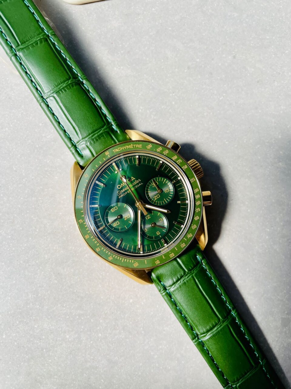 Speedmaster Moonwatch in Moonshine Gold YG RMF Best Edition Green Dial on Green Leather Strap Manual Chrono - Image 7