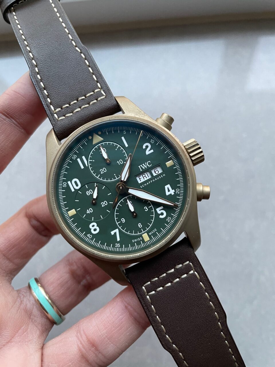 Pilot Chrono Spitfire IW387902 Bronze ZF 1:1 Best Edition Green Dial on Brown Leather Strap A7750 - Image 4