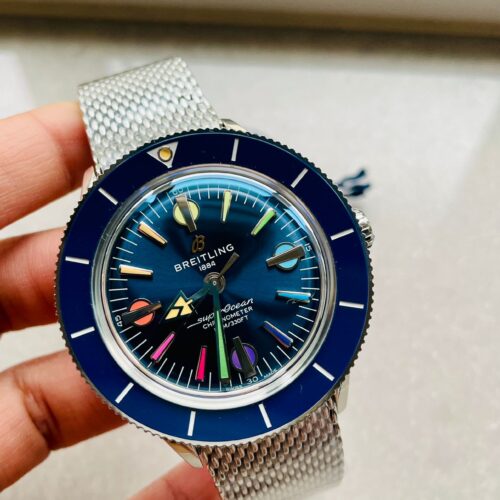 SuperOcean Heritage 57 SS/Black Ceramic Bezel GF 1:1 Blue Dial Colors Markers on SS Mesh Bracelet A2824