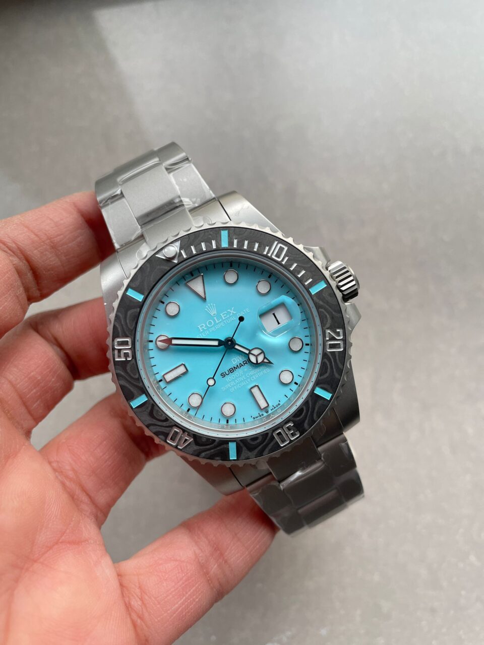 Submariner Sandblasted DIWF Best Edition Carbon Bezel Tiffany Blue Dial Dial on SS Bracelet VR3135