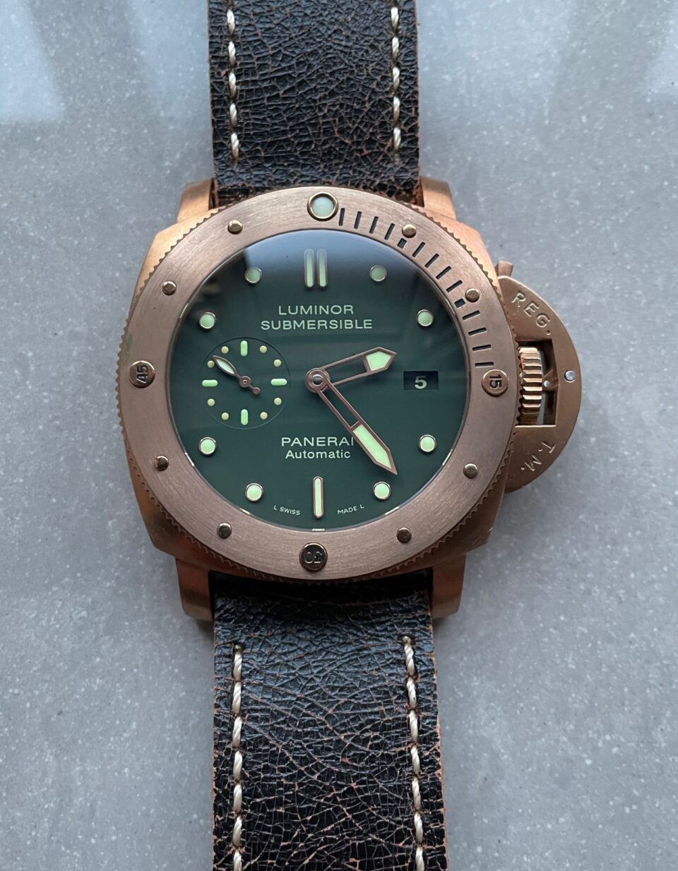 PAM382 N Bronzo VSF 1:1 Best Edition on Green dial on Brown Distressed Calfskin Strap P.9000 - Image 3