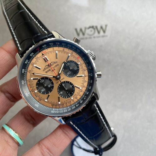 Navitimer 01 1:1 SS salmon Dial on Brown leather Strap A7750 BLS Factory