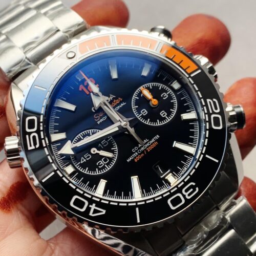 Planet Ocean SeaMaster Chronometer OMF SS Black/Orange Polished Bezel Black Dial on SS Bracelet A9900 (Black Balance Wheel)