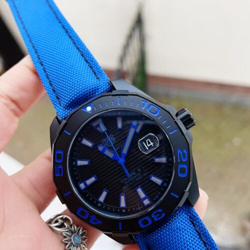 Aquaracer Calibre 43mm SS V6F Best Edition Black Blue Textured Dial Black Blue Ceramic Bezel on Blue Nylon Strap A2824