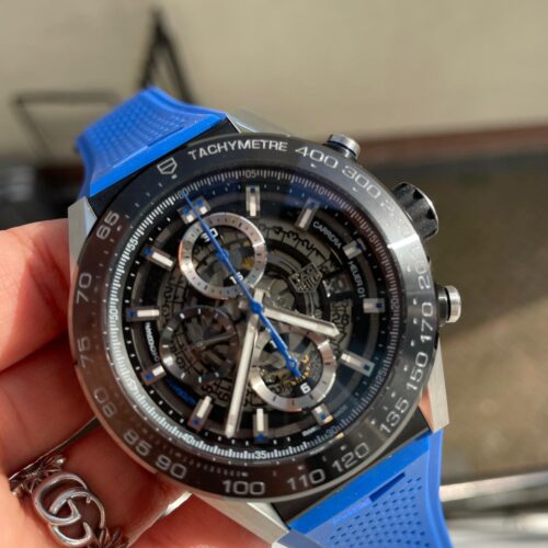 Calibre Heuer 01 Chrono SS/PVD XF 1:1 Best Edition Skeleton Dial Blue Hand on Blue Rubber Strap A1887