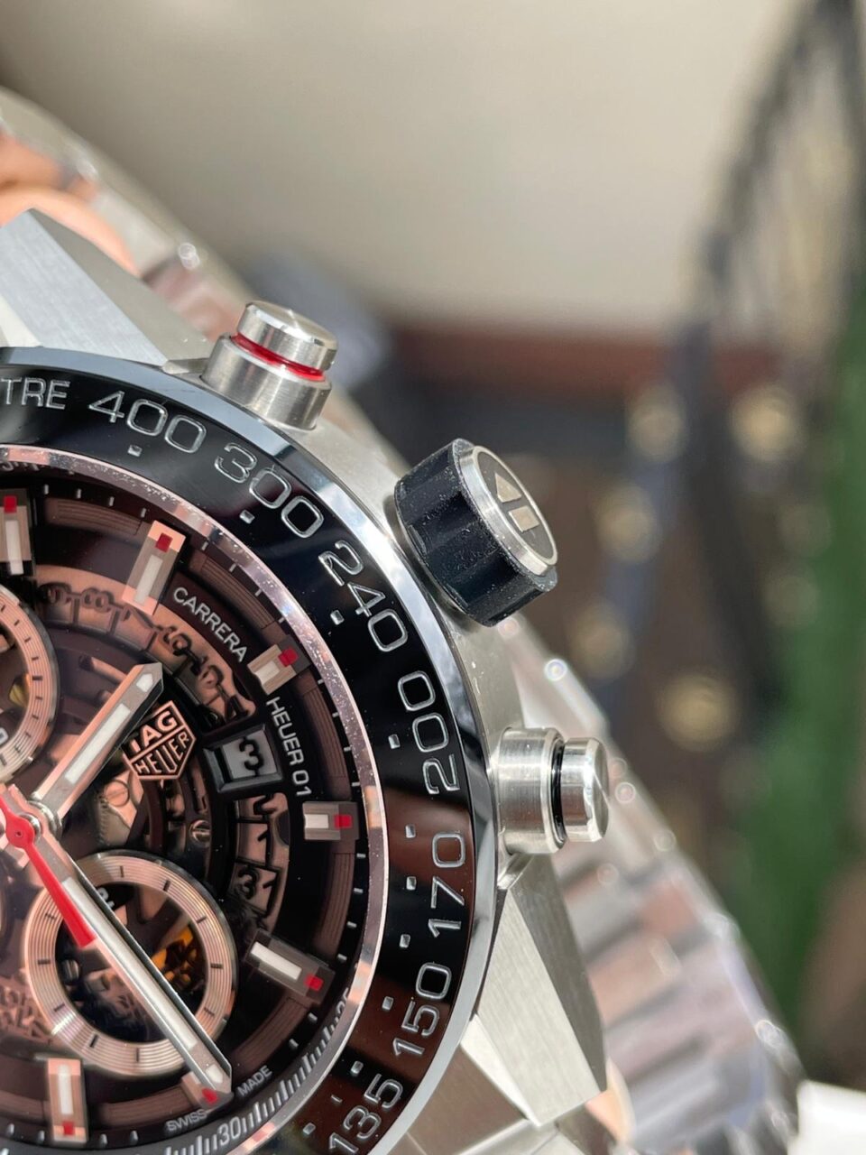 Calibre Heuer 01 Chrono SS/PVD XF 1:1 Best Edition Skeleton Dial Red Hand on SS Bracelet A1887 - Image 5