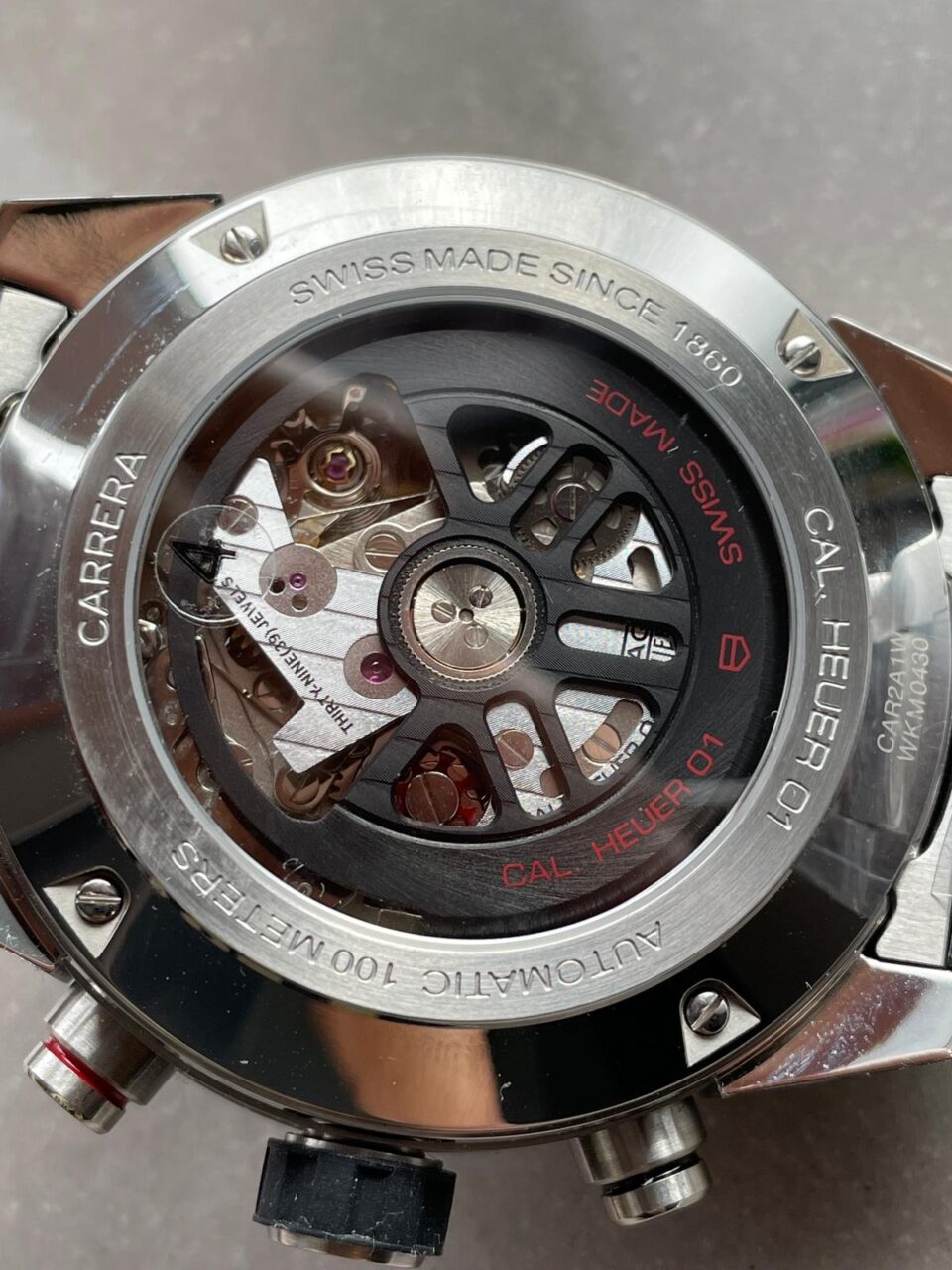 Calibre Heuer 01 Chrono SS/PVD XF 1:1 Best Edition Skeleton Dial Red Hand on SS Bracelet A1887 - Image 9