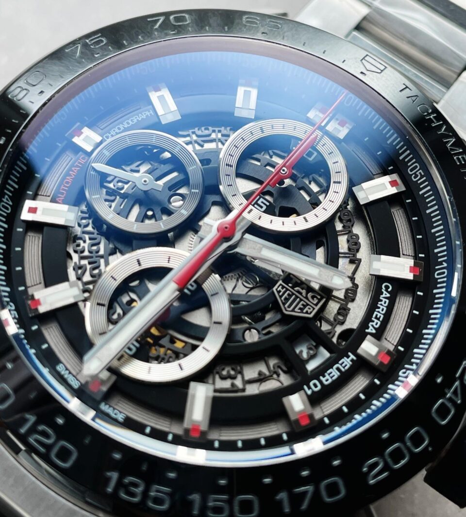 Calibre Heuer 01 Chrono SS/PVD XF 1:1 Best Edition Skeleton Dial Red Hand on SS Bracelet A1887 - Image 4