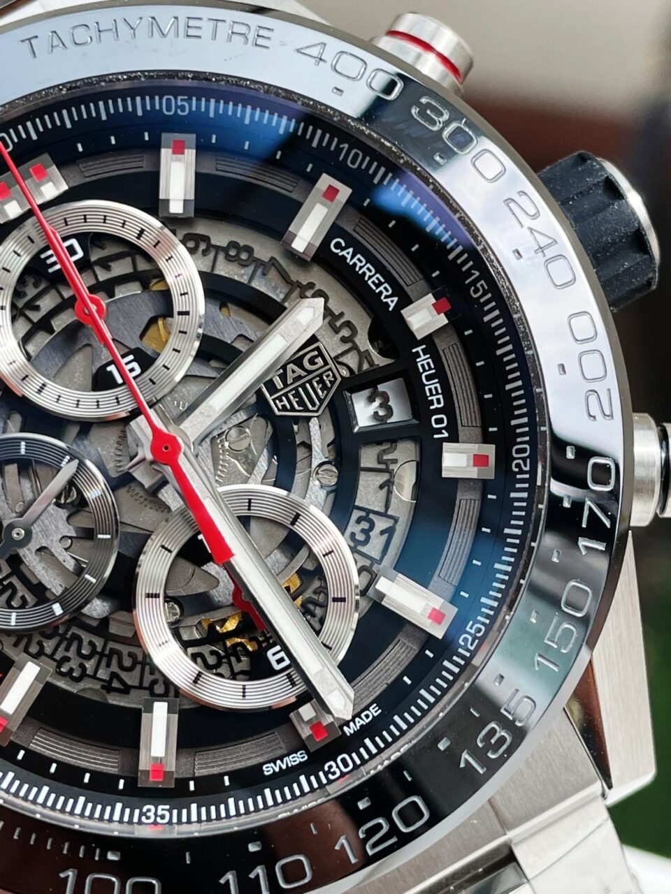 Calibre Heuer 01 Chrono SS/PVD XF 1:1 Best Edition Skeleton Dial Red Hand on SS Bracelet A1887 - Image 6