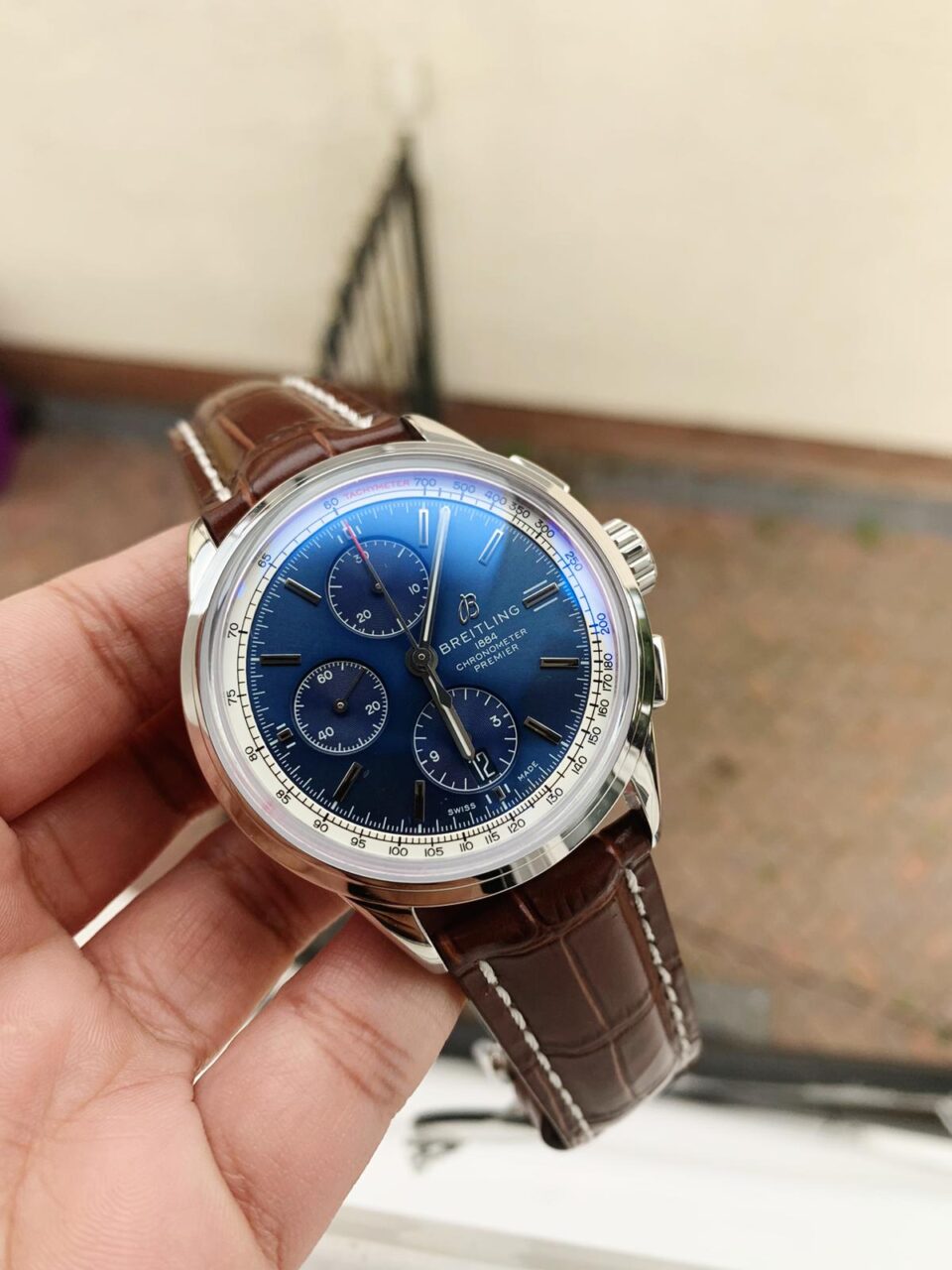Premier Chronograph 42 OXF 1:1 Best Edition Blue Dial on Brown Leather Strap A7750