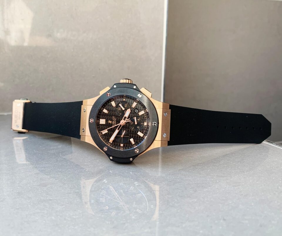 Big Bang 44mm Rose Gold Ceramic 2011 Black CF Dial on Black Gummy Strap HUB4104 - Image 3