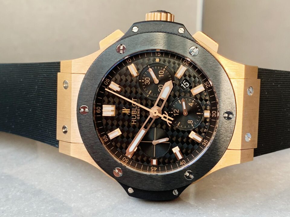 Big Bang 44mm Rose Gold Ceramic 2011 Black CF Dial on Black Gummy Strap HUB4104 - Image 2