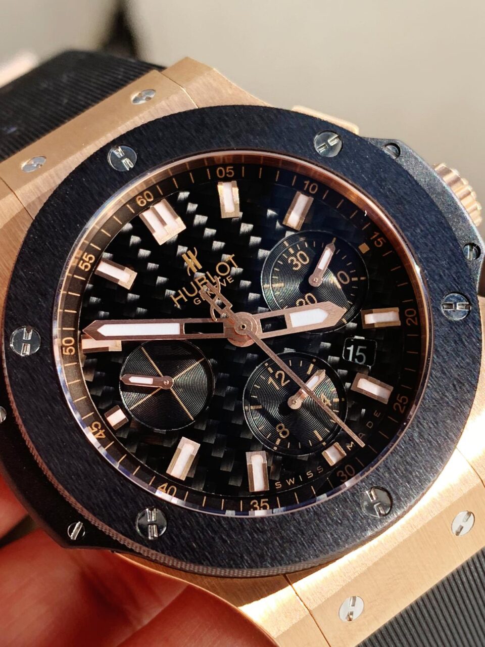 Big Bang 44mm Rose Gold Ceramic 2011 Black CF Dial on Black Gummy Strap HUB4104 - Image 4