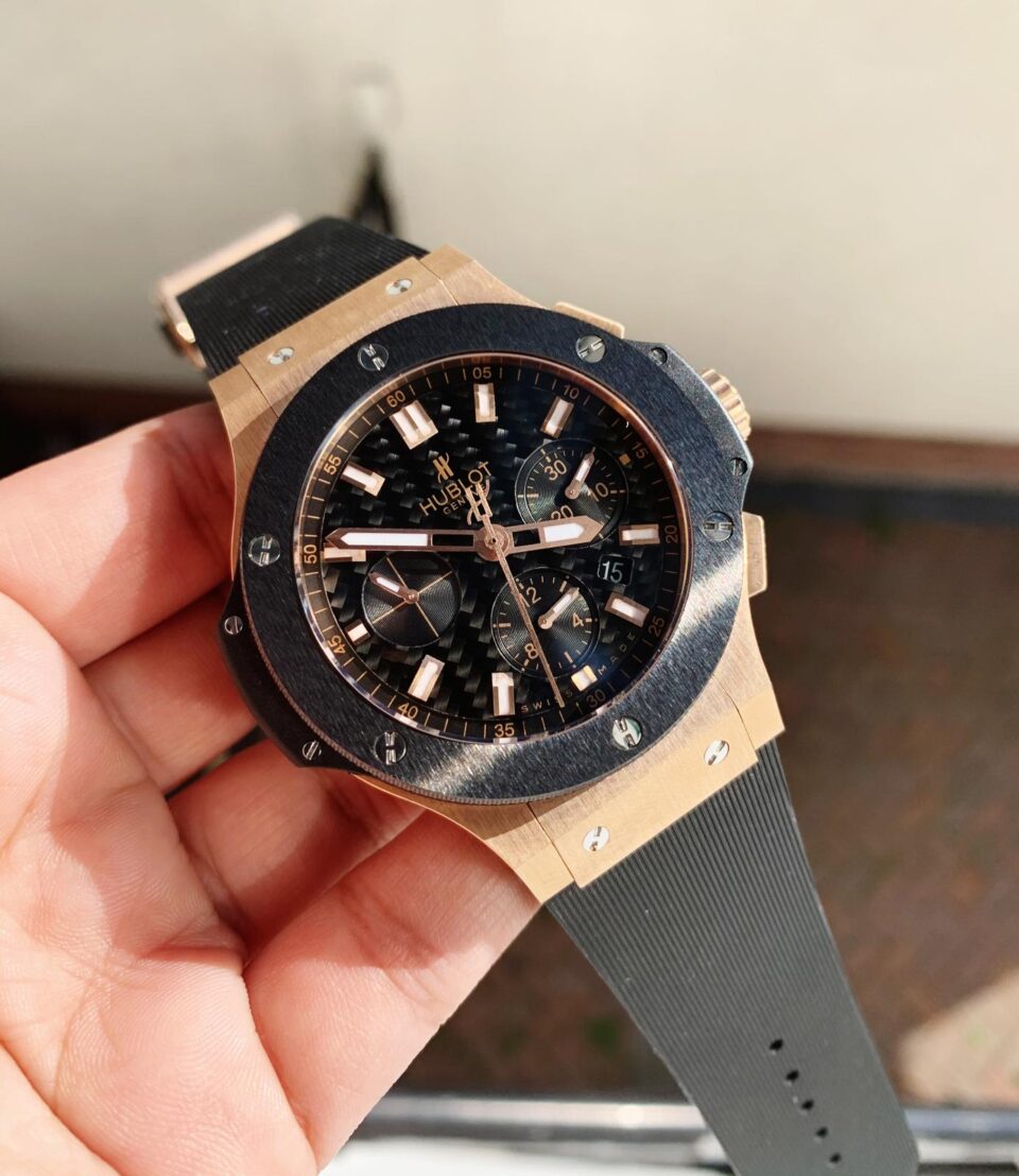 Big Bang 44mm Rose Gold Ceramic 2011 Black CF Dial on Black Gummy Strap HUB4104