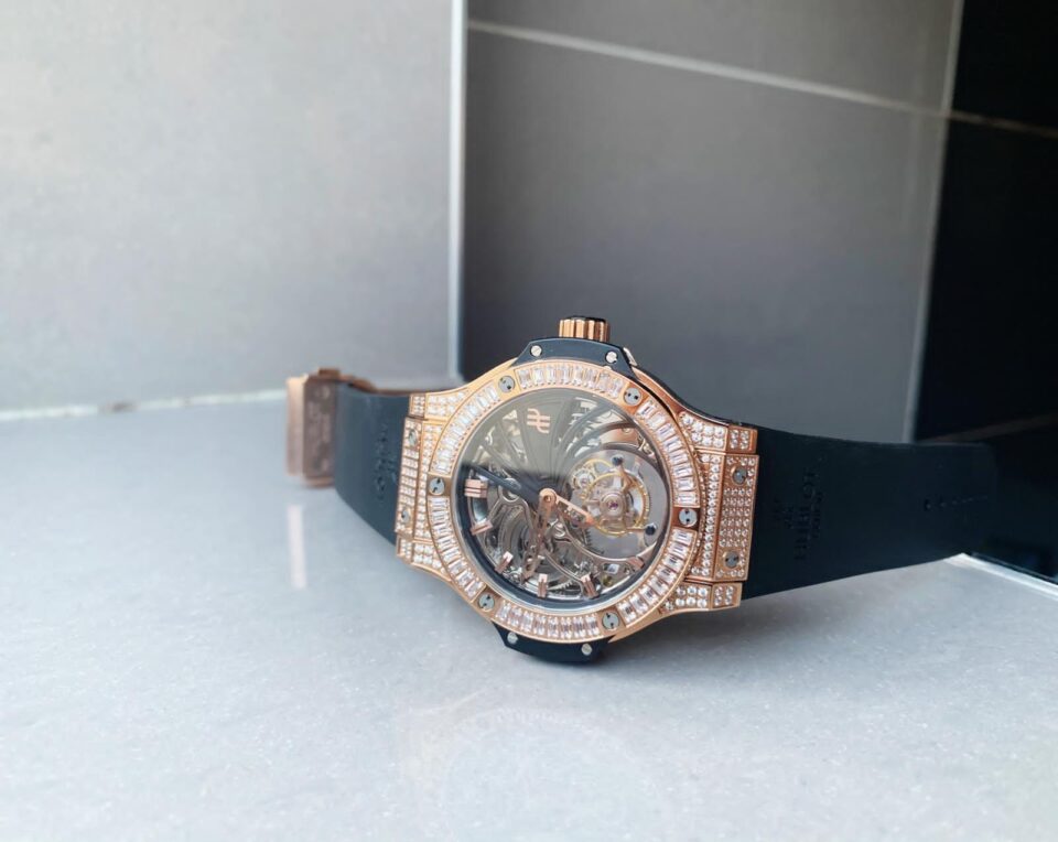 Big Bang Tourbillon Automatic ICED OUT 18K GOLD PLATED Textured Dial on Black Rubber Strap - Image 8
