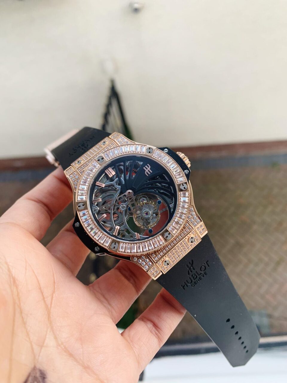 Big Bang Tourbillon Automatic ICED OUT 18K GOLD PLATED Textured Dial on Black Rubber Strap