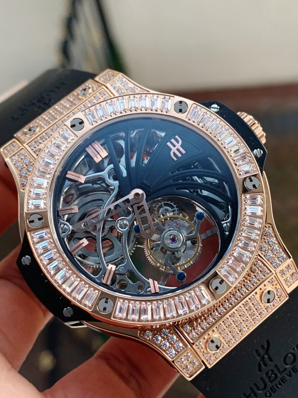 Big Bang Tourbillon Automatic ICED OUT 18K GOLD PLATED Textured Dial on Black Rubber Strap - Image 2