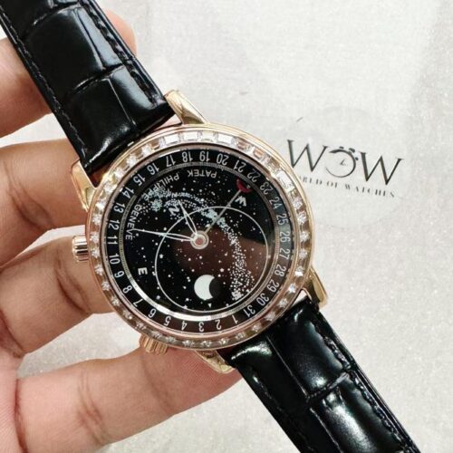6104P Moon RG Black Dial Diamond Bezel on Black Leather Strap A240 V2