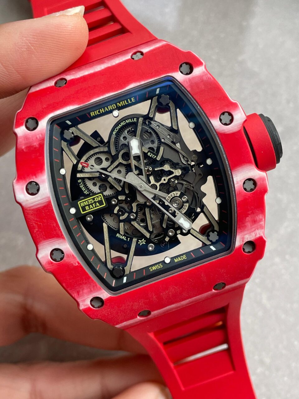 RM035-02 Red Carbon ZF 1:1 Best Edition Skeleton Dial on Red Rubber Strap NH05A V5 - Image 7