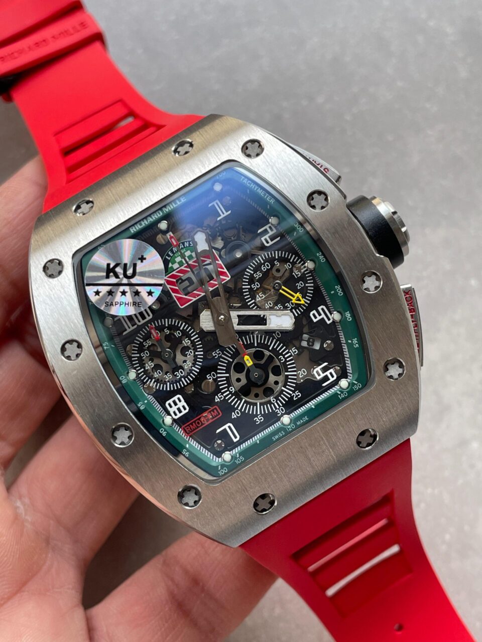 RM11-03 SS KU+F 1:1 Best Edition Crystal Skeleton Dial on Red Rubber Strap A7750 - Image 4