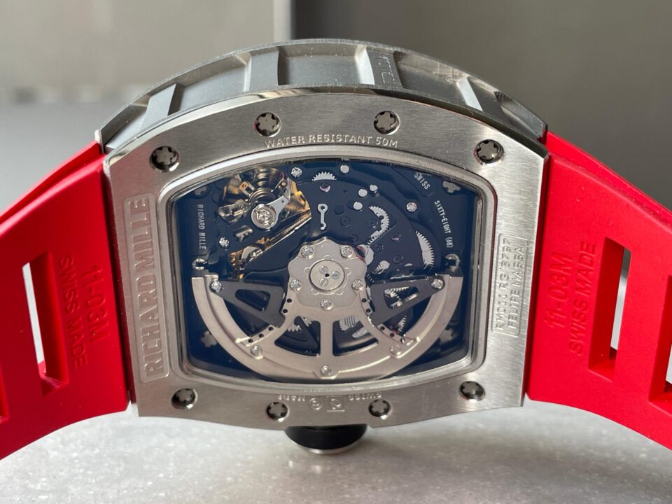 RM11-03 SS KU+F 1:1 Best Edition Crystal Skeleton Dial on Red Rubber Strap A7750 - Image 13