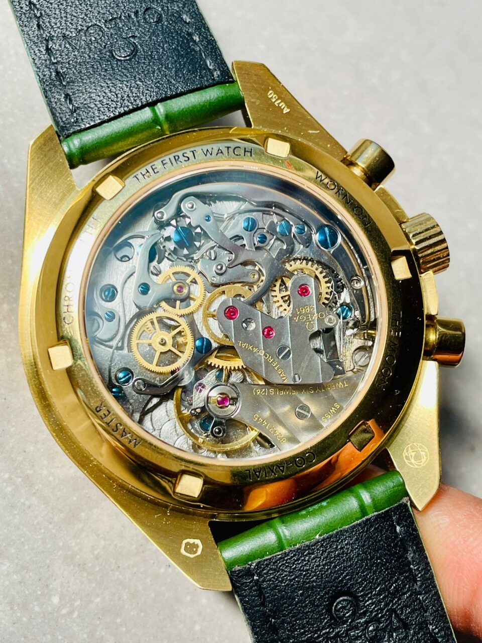 Speedmaster Moonwatch in Moonshine Gold YG RMF Best Edition Green Dial on Green Leather Strap Manual Chrono - Image 11