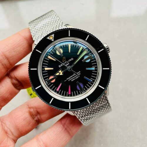 SuperOcean Heritage 57 SS/Black Ceramic Bezel GF 1:1 Black Dial Colors Markers on SS Mesh Bracelet A2824