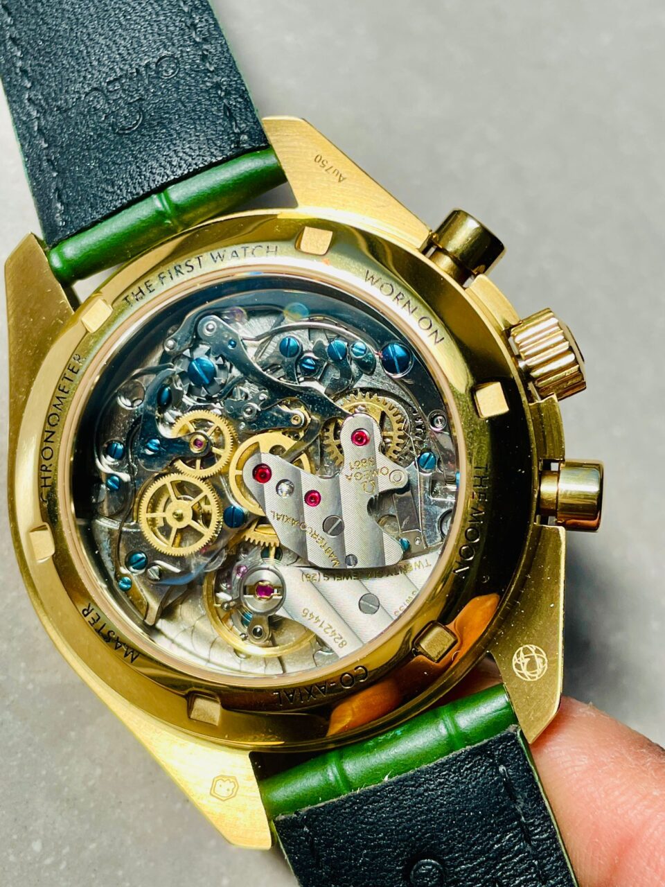Speedmaster Moonwatch in Moonshine Gold YG RMF Best Edition Green Dial on Green Leather Strap Manual Chrono - Image 13