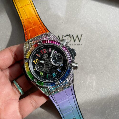 Big Bang Unico Titanium Rainbow SS/Diam Diam Bezel Black Skeletonal Dial on Rubber Strap ZF A1280