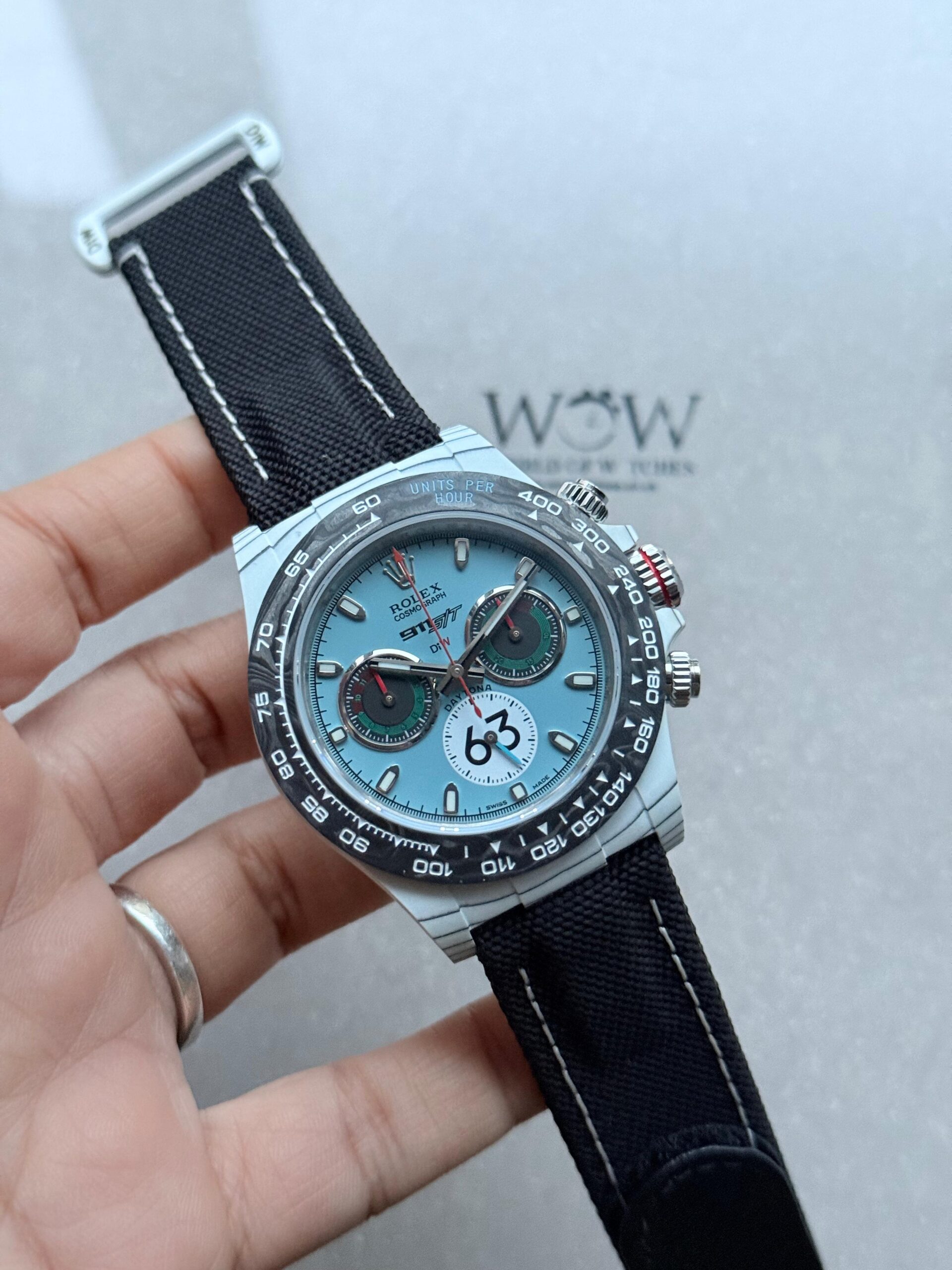 Daytona DIW Porsche 911 S/T White Carbon SOp NIC 1:1 Best Edition Blue Dial on Black Nylon Strap SA4130