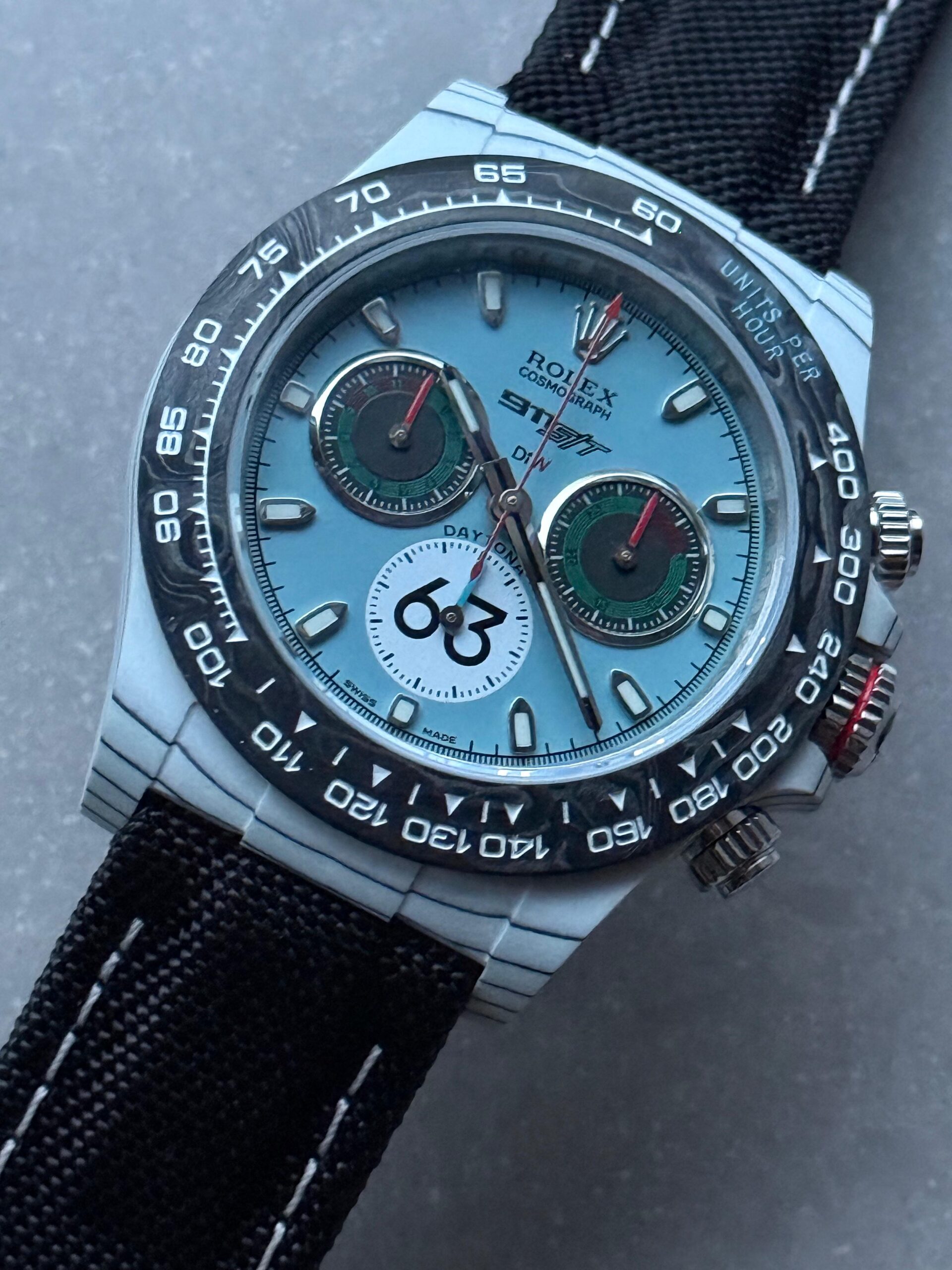 Daytona DIW Porsche 911 S/T White Carbon SOp NIC 1:1 Best Edition Blue Dial on Black Nylon Strap SA4130 - Image 9