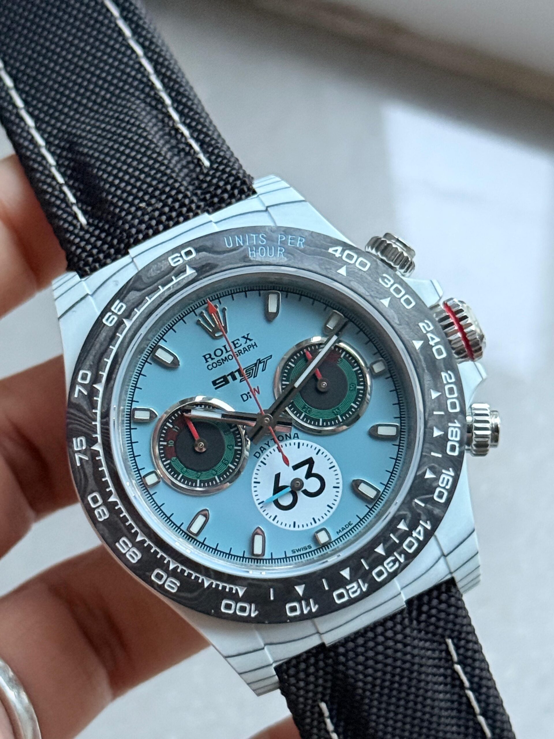 Daytona DIW Porsche 911 S/T White Carbon SOp NIC 1:1 Best Edition Blue Dial on Black Nylon Strap SA4130 - Image 2