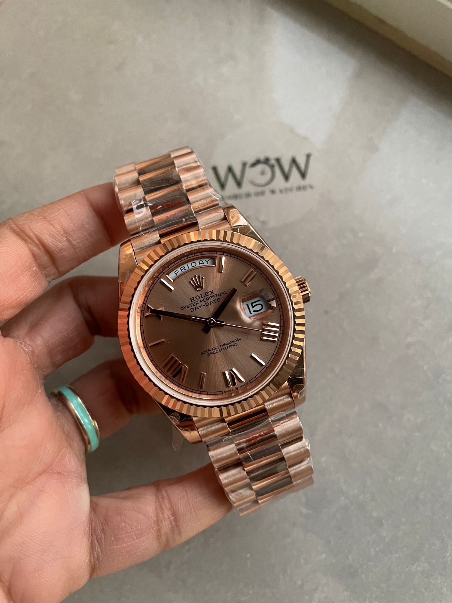 Day-Date 40mm 228235 904L RG Fluted Bezel Rose Gold Dial on RG President Bracelet with Tungsten steel for extra weight GMF - Image 3