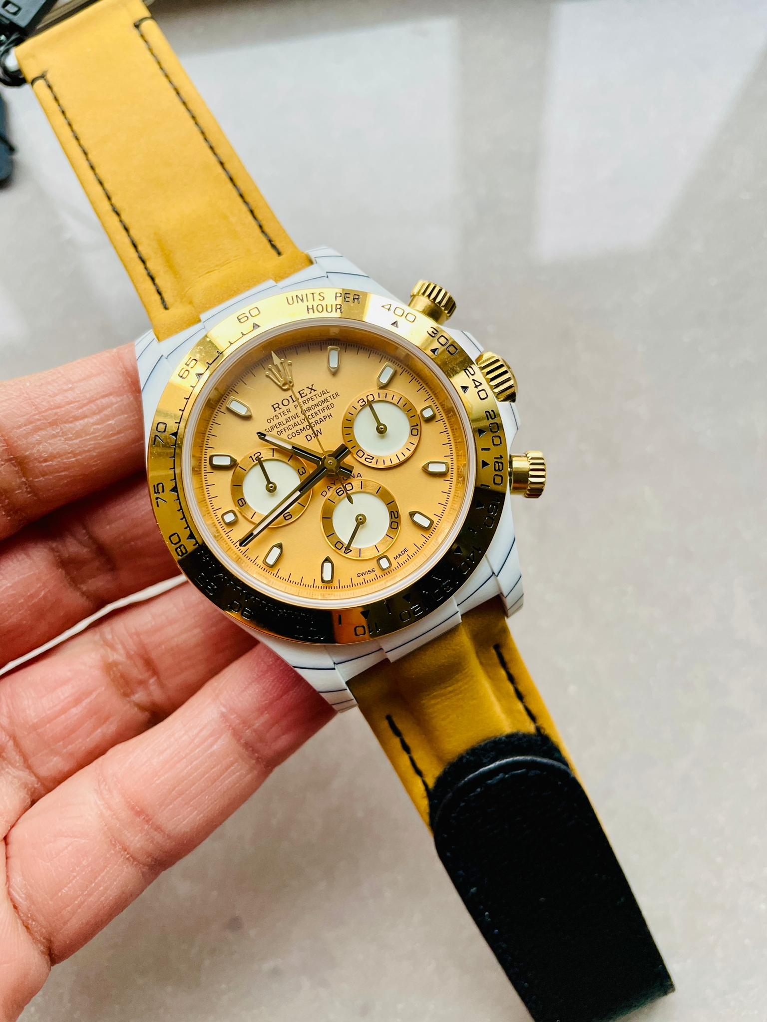 Daytona DIW White Carbon/YG DIWF Best Edition Gold Dial on Black Nylon Strap A7750