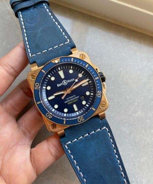 BR03-92 Diver 42mm Bronze BR Blue Dial on Blue Leather Strap A2824