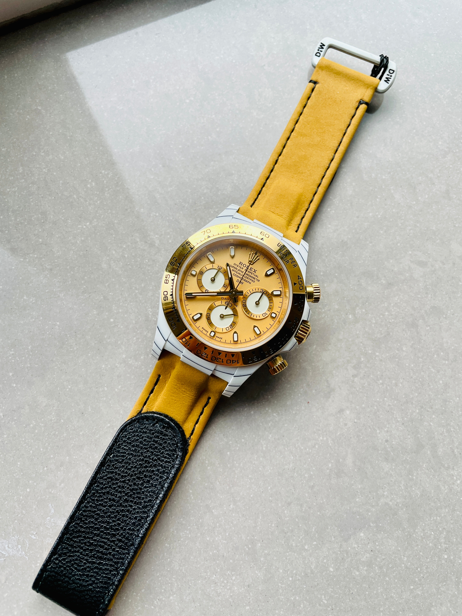 Daytona DIW White Carbon/YG DIWF Best Edition Gold Dial on Black Nylon Strap A7750 - Image 2