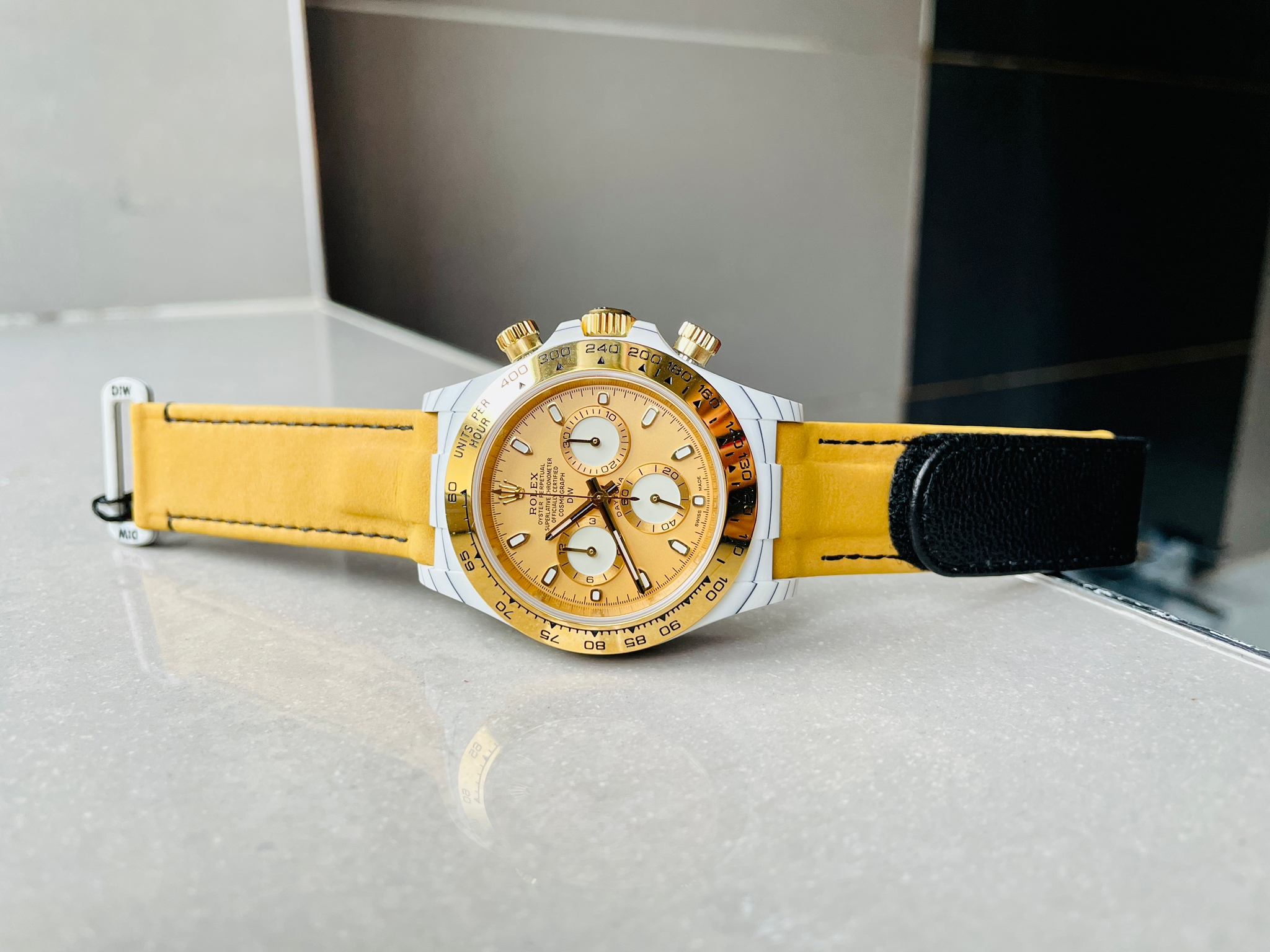 Daytona DIW White Carbon/YG DIWF Best Edition Gold Dial on Black Nylon Strap A7750 - Image 10