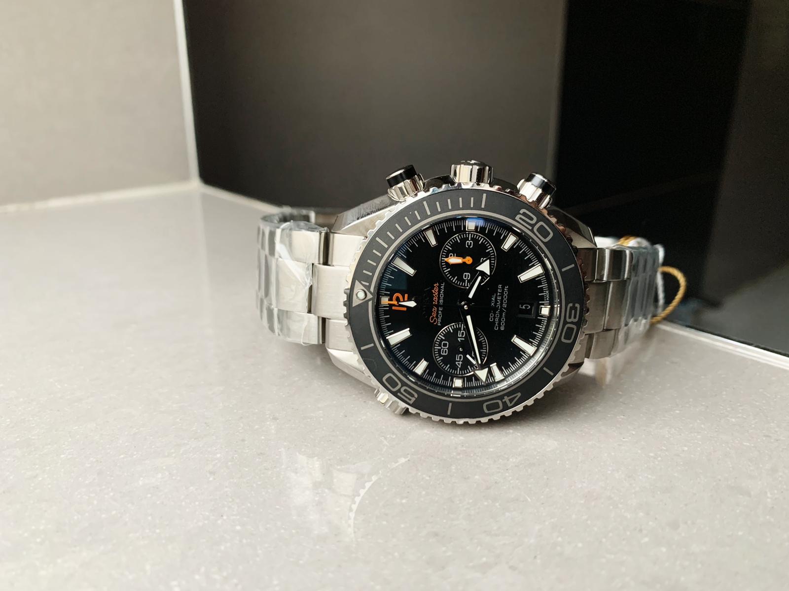 Planet Ocean SEAMASTER Chronometer OMF SS Black Matte Bezel Grey Dial on SS Bracelet A9900 (Black Balance Wheel) - Image 3