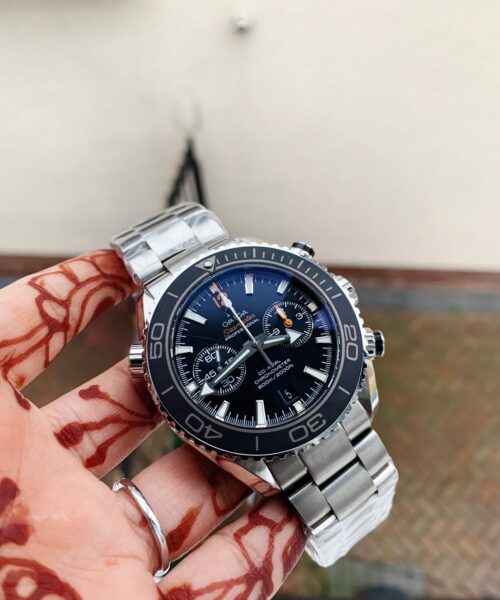 Planet Ocean SEAMASTER Chronometer OMF SS Black Matte Bezel Grey Dial on SS Bracelet A9900 (Black Balance Wheel)