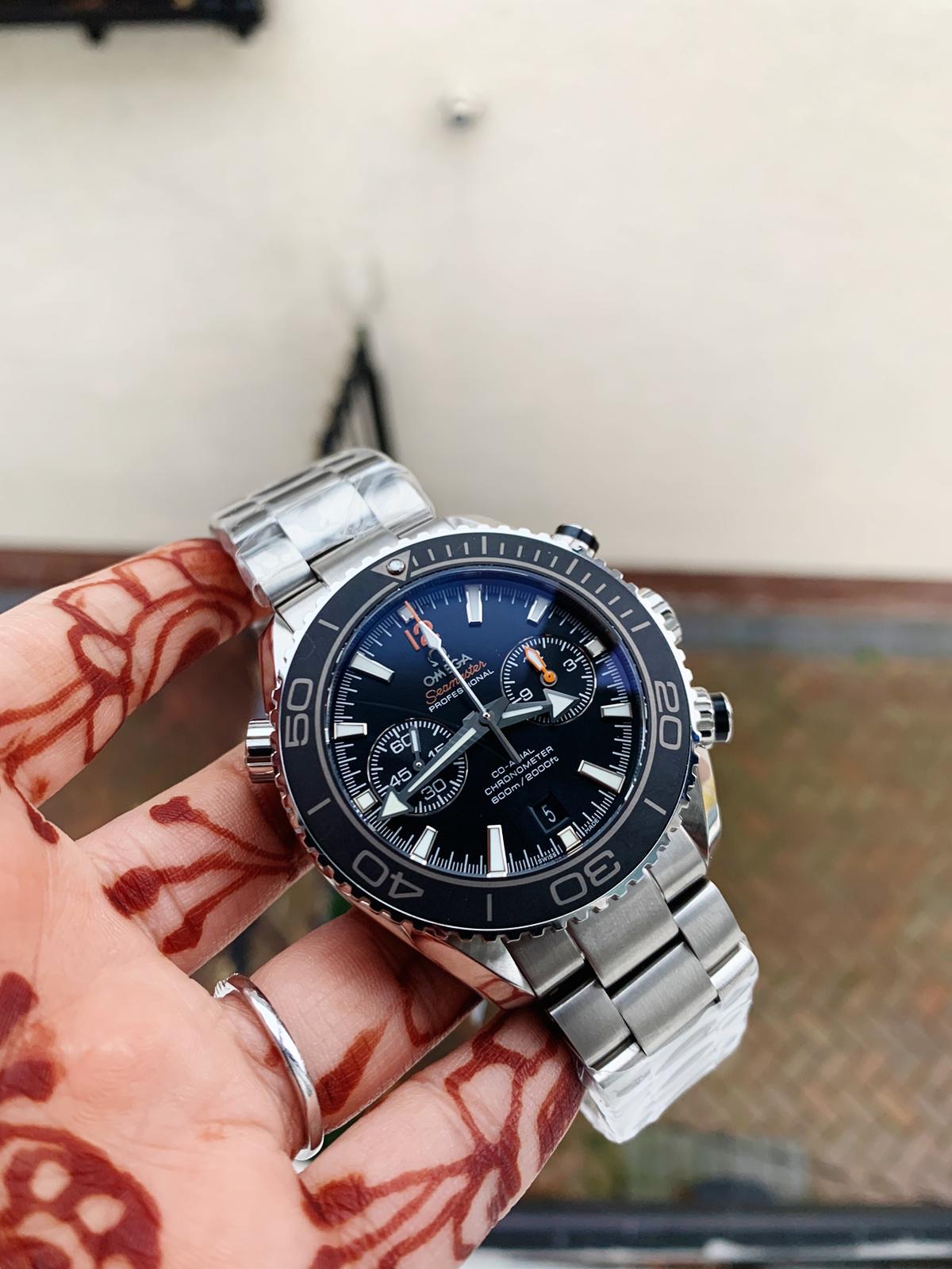 Planet Ocean SEAMASTER Chronometer OMF SS Black Matte Bezel Grey Dial on SS Bracelet A9900 (Black Balance Wheel)