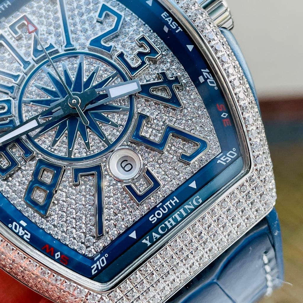 Vanguard V45 Full Paved Diamonds ZF 1:1 Best Edition Blue Textured Crystal Markers Dial on Blue Gummy Strap MIYOTA 9015 - Image 5