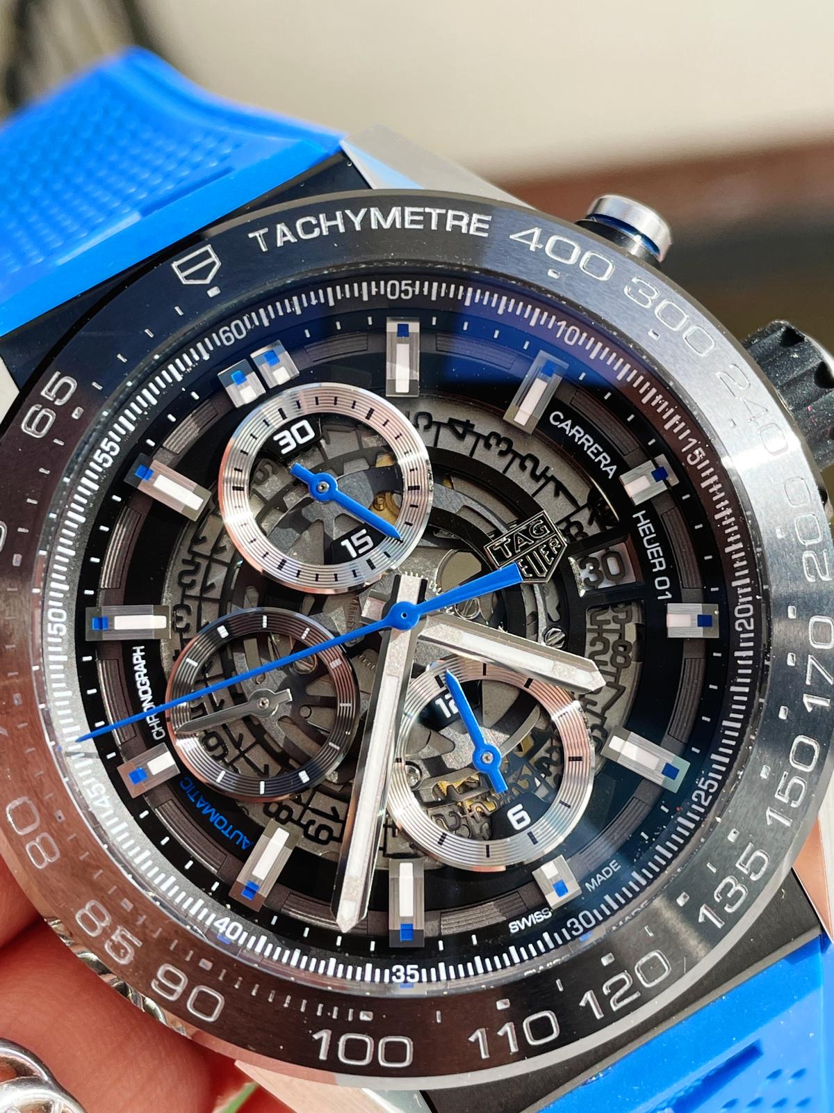 Calibre Heuer 01 Chrono SS/PVD XF 1:1 Best Edition Skeleton Dial Blue Hand on Blue Rubber Strap A1887 - Image 2