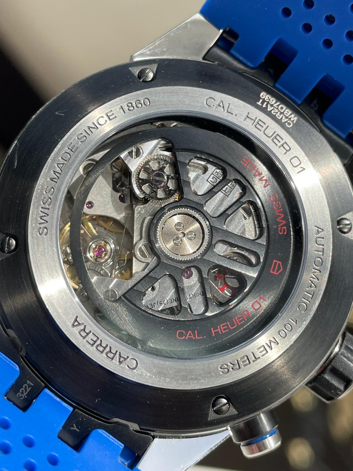 Calibre Heuer 01 Chrono SS/PVD XF 1:1 Best Edition Skeleton Dial Blue Hand on Blue Rubber Strap A1887 - Image 6